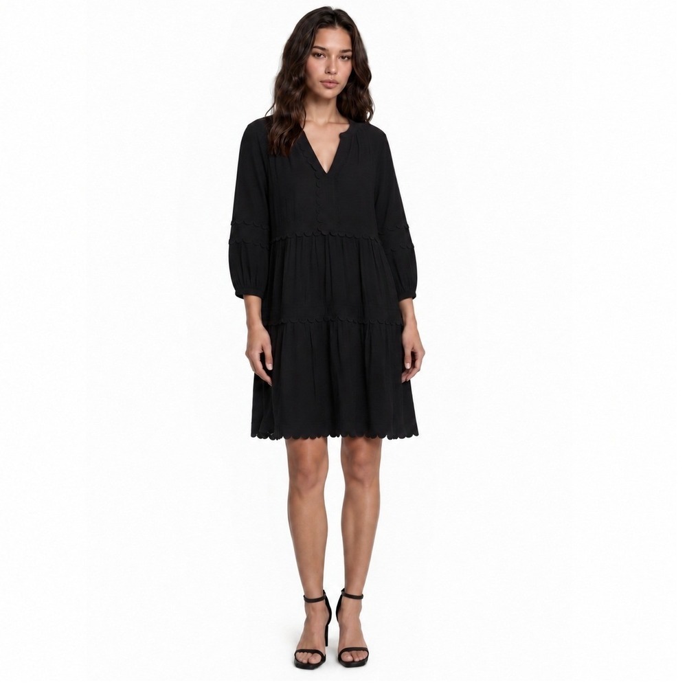 Vineyard Vines Dress Womens Size Small Black Scalloped Hem Tiered Balloon Sleeve